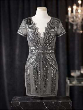 🔥VISION FOR INNOVATION 🖤 Sequined Gray Midi Cocktail Dress with Sheer Panels